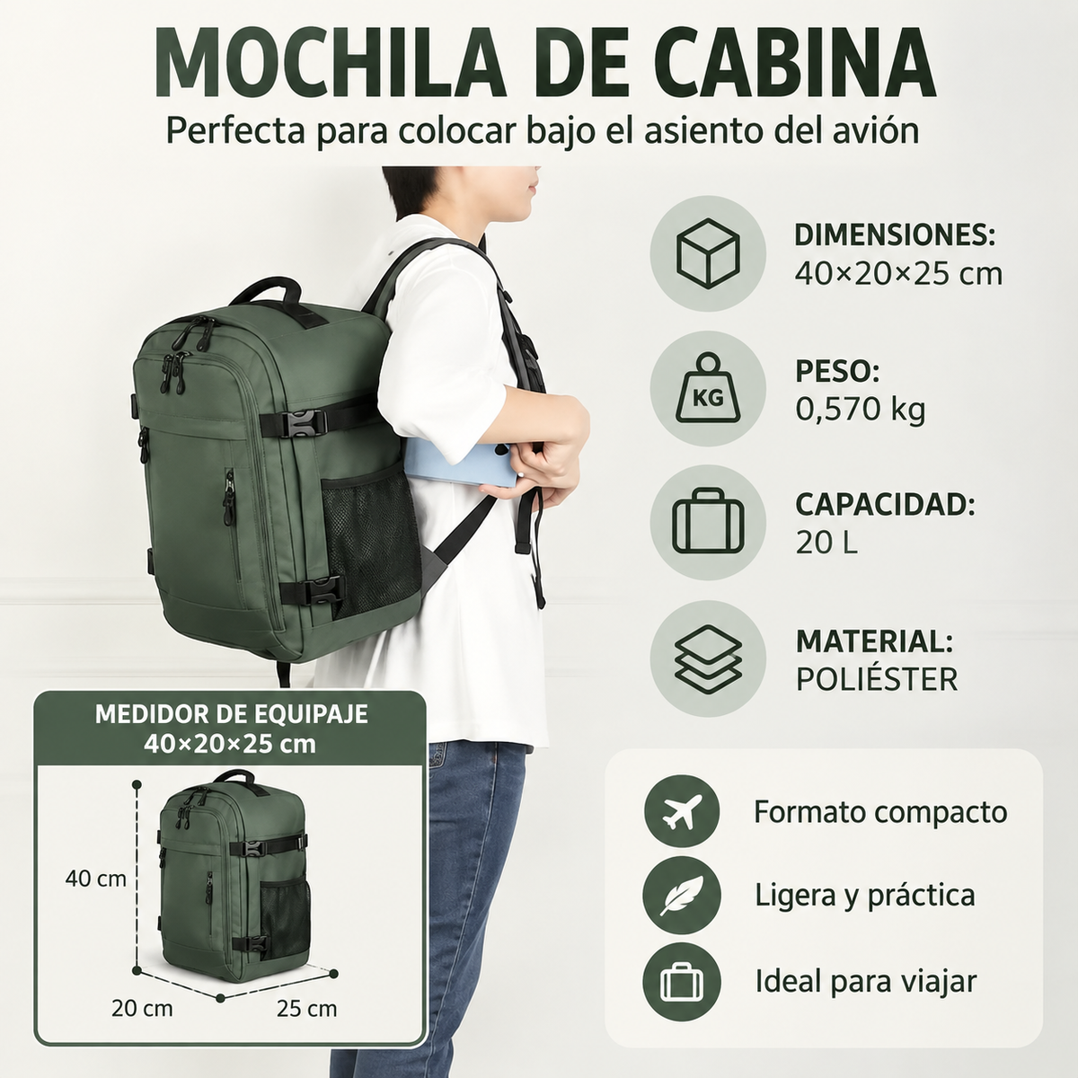 Mochila de cabina EBAVIO 40 x 20 x 25 cm: medidas, peso y capacidad