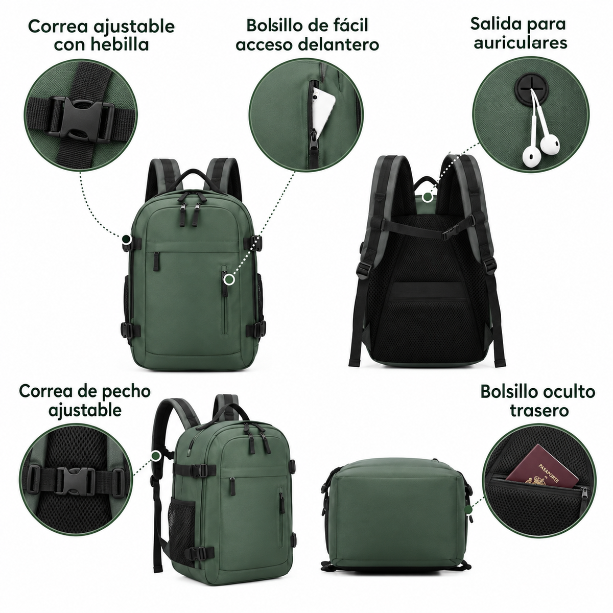 Detalles de la mochila EBAVIO: correas, bolsillos y salida para auriculares