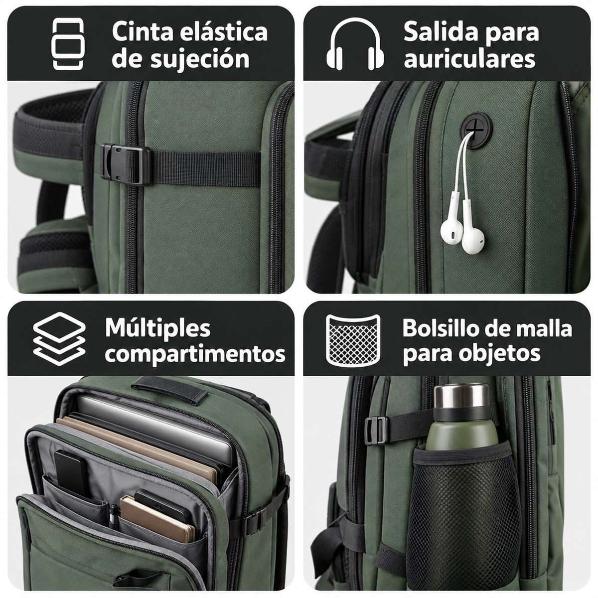 Funciones de la mochila EBAVIO: sujeción, auriculares, compartimentos y bolsillo de malla
