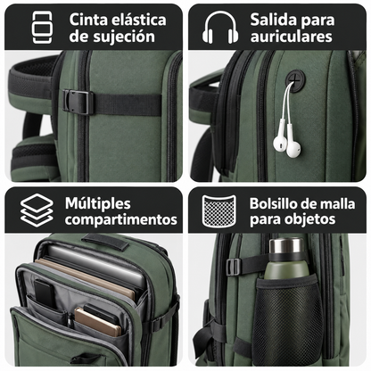 Funciones de la mochila EBAVIO: sujeción, auriculares, compartimentos y bolsillo de malla